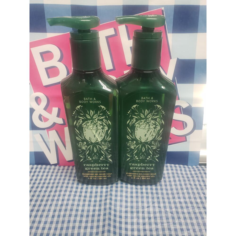BBW Raspberry Green Tea Cleansing Gel Hand Soap w. Natural Essential Oils 2 Pack